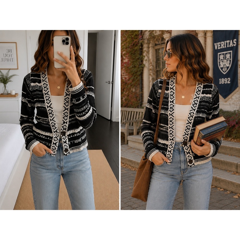 Free People Nordic Knit Cardigan Sweater Black Cream Boho‎ Size M Fair Isle